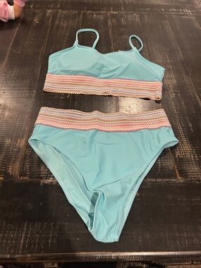 Light Aqua Two-Piece Swimsuit with Chevron Trim new without tags